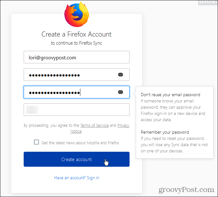 Sukurkite „Firefox Sync“ abonementą