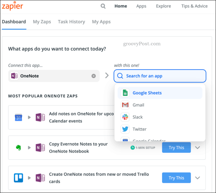„Zapier“ susiejimas su „OneNote“