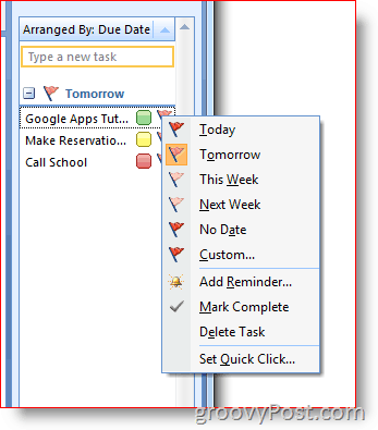 „Outlook 2007“ užduočių juosta – dešiniuoju pelės mygtuku spustelėkite parinkčių meniu