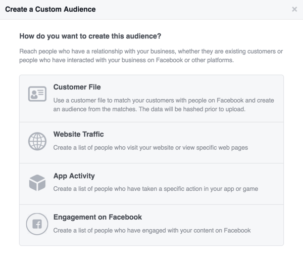 Pasirinkite šaltinį, kurį norite naudoti savo „Facebook“ auditorijai.