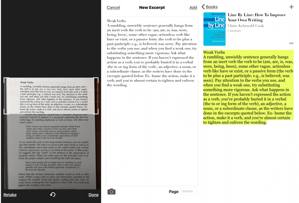 Ištrauka - „Book Highlighter iOS“ programa, kaip fotografuoti knygos ištrauką