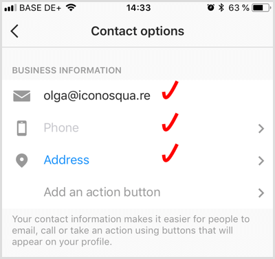 pridėkite „Instagram“ verslo paskyros kontaktinę informaciją
