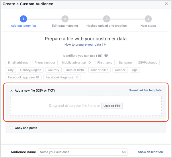 „Facebook“ įkelkite klientų duomenis