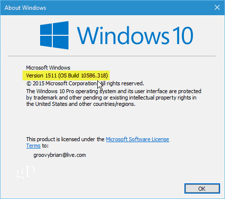 „Windows 10“ versija 1511 „Build 10586-318“