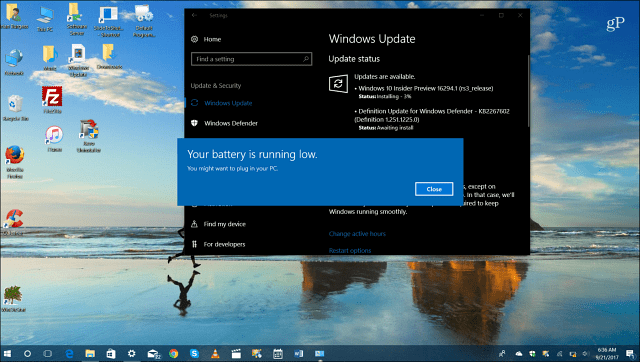 Rezervinis akumuliatoriaus lygis „Windows 10“