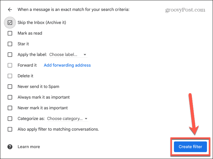 „Gmail“ filtro kūrimo mygtukas