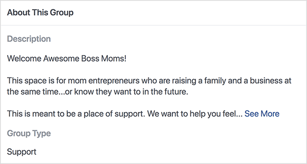 Tai yra „Boss Moms“ „Facebook“ grupės, kurią rengia Dana Malstaff, aprašymo ekrano kopija. Aprašas yra juodas tekstas baltame fone. Pirmoje eilutėje rašoma „Welcome Awesome Boss Moms!“. Antroje eilutėje rašoma: „Ši erdvė skirta verslininkams mamoms, kurios tuo pačiu metu kuria šeimą ir verslą... ar žino, kad nori ateityje “. Trečioje eilutėje sakoma: „Tai skirta palaikymo vietai. Mes norime padėti jums jaustis... „Ir tada pasirodys nuoroda Žiūrėti daugiau. Grupės tipas yra sąrašas kaip palaikymas.