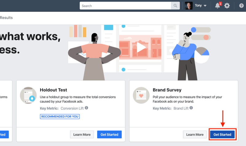 „Pradėti“ mygtukas, skirtas „Facebook“ eksperimentų prekės ženklo tyrimui