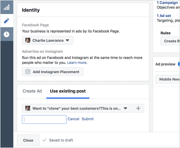 Pasirinkite Naudoti esamą įrašą ir įveskite „Facebook“ įrašo ID.