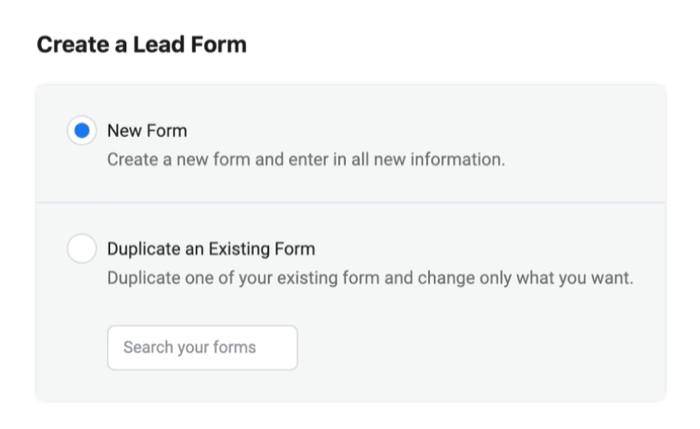 „facebook“ potencialių klientų skelbimai sukuria naują potencialių klientų formą pasirinkdami naują formos parinktį