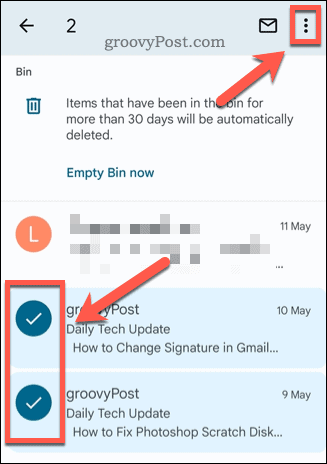 El. laiškų pasirinkimas Gmail šiukšliadėžės aplanke