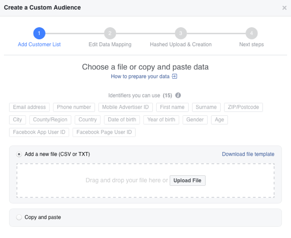 Įkelkite savo el. Pašto sąrašą kaip CSV failą, kad sukurtumėte pasirinktinę el. Pašto auditoriją „Facebook“.
