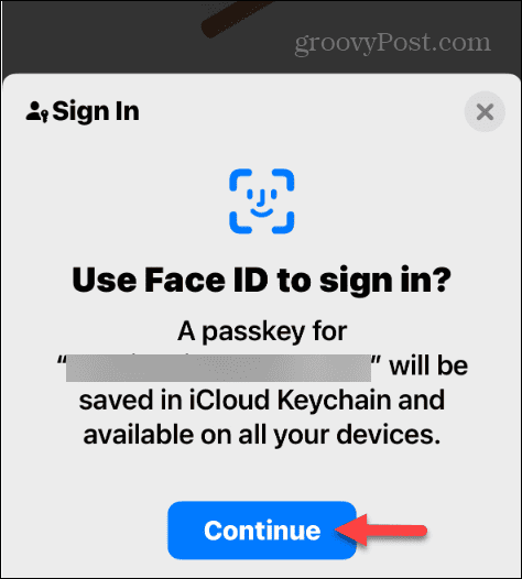 toliau naudokite „Face ID“, prisijunkite naudodami prieigos raktus