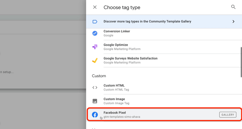 „Google“ žymų tvarkyklės naujos žymos pavyzdys su pasirinkimo žymos tipo meniu ir „facebook pixel“ parinktimi, paryškinta pagal pasirinktinį skyrių