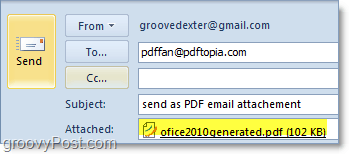siunčiant automatiškai konvertuotą ir pridedamą pdf failą „Outlook“ 2010