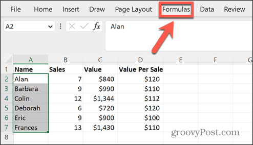 „Excel“ formulių meniu