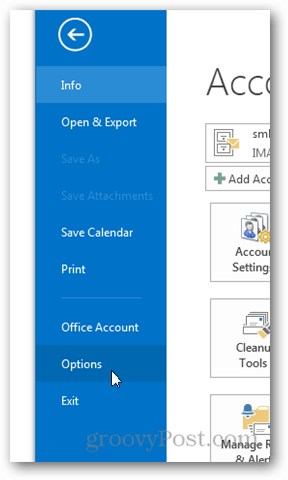 „Outlook 2013“ - Išjungti orą kalendoriuje - spustelėkite „Parinktys“