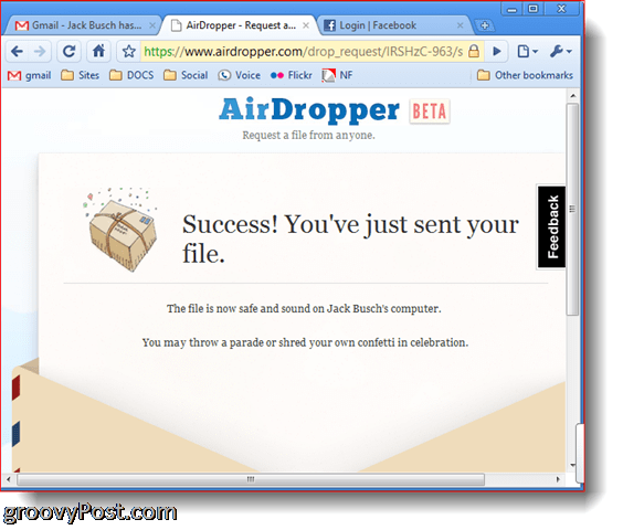 Išsiųstas „Dropbox Airdropper“ nuotraukos ekrano kopijos sėkmės failas