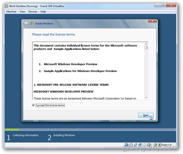 „VirtualBox Windows 8“ eula priima licenciją