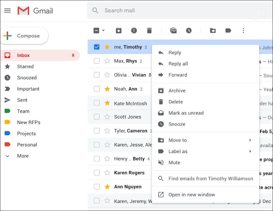 „Gmail“ dešiniuoju pelės mygtuku spustelėkite kontekstinį meniu