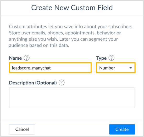Pasirinkite pavadinimą ir tipą pasirinkite „Create New Custom Field“ dialogo lange „ManyChat“.
