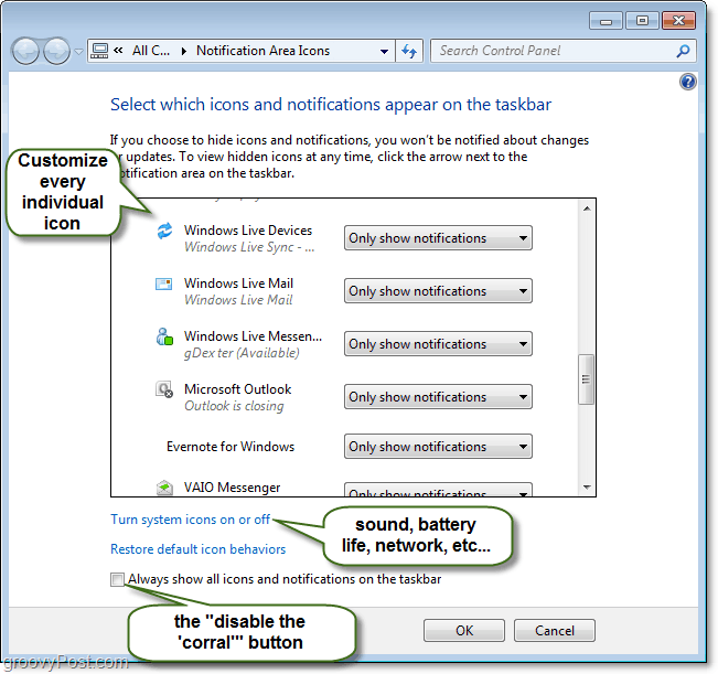 Kaip sutelkti dėmesį tinkinant „Windows 7“ sistemos dėklo piktogramas