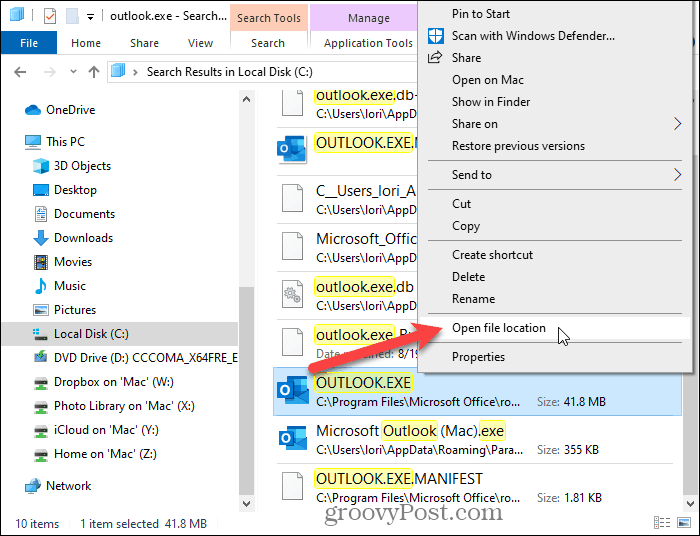 Pasirinkite Atidaryti failo vietą „File Explorer“