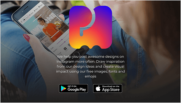 Tai „PostMuse“ svetainės ekrano kopija. Viršutiniame centre yra didelis „PostMuse“ logotipo atvaizdas, kuris yra P ir M iliustracija, užpildyta išlenktu gradientu. Iš viršaus į apačią gradientas apima violetinę, fuschia, raudoną, oranžinę ir geltoną spalvas. Po logotipu yra toks baltas tekstas: „Padedame jums dažniau paskelbti nuostabų dizainą„ Instagram “. Pasisemkite įkvėpimo iš savo dizaino idėjų ir sukurkite vizualinį poveikį naudodami nemokamus vaizdus, ​​šriftus ir jaustukus “. Po tekstu yra mygtukai, jungiantys prie „Google Play“ parduotuvės ir „App Store“. Svetainės fono paveikslėlis yra baltojo žmogaus nuotrauka su raudonais prižiūrimais nagais, laikančiais išmanųjį telefoną ir naudojančią „PostMuse“ programą. Nuotrauka daroma iš žmogaus peties, o lauko gylis neryškina žmogaus plaukus ir kaklą, kad sutelktų dėmesį į telefoną. Asmens kojos yra ištiestos priešais juos ir jie dėvi mėlynus džinsus.