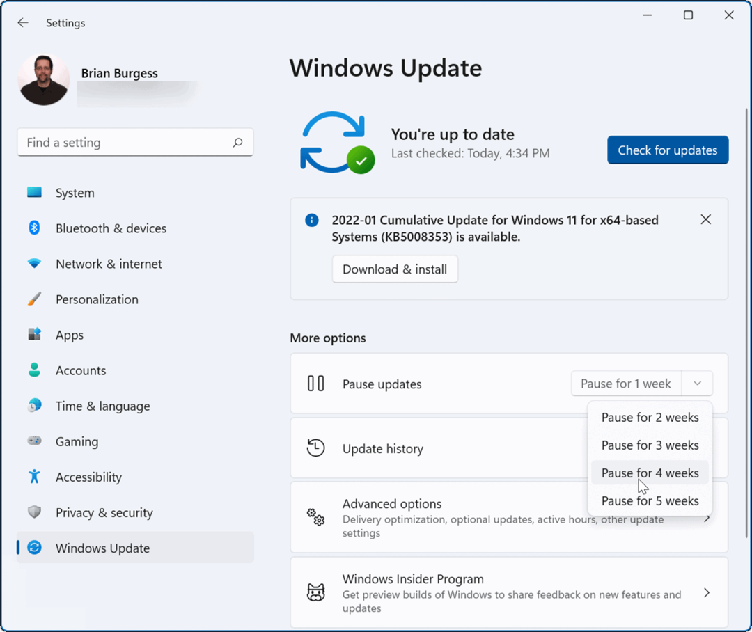 pristabdyti naujinimus „Windows 11“.