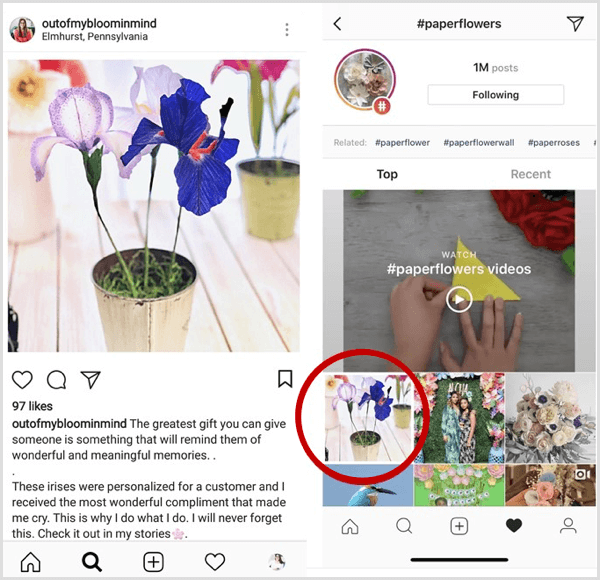 „Instagram“ įrašo pavyzdys, rodomas pirmas konkretaus grotažymės paieškos rezultatuose