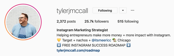 „Instagram“ verslo profilio nuotraukos ir informacijos apie biografiją pavyzdys: @tylerjmccall.