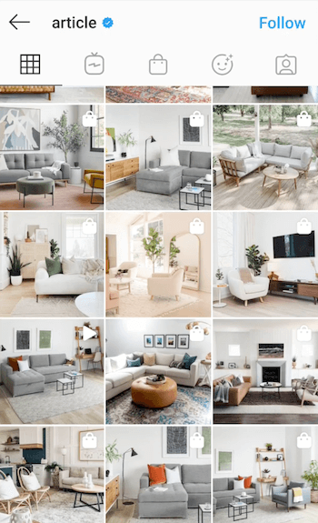 „@article“ instagram kanalo ekrano pavyzdys, kuriame rodomi jų modernūs baldai su daugybe natūralios šviesos ir filtro stilius, kuriame yra mėlyna spalva