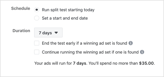 Pasirinkite „Run Split Test Starting Today“ parinktį, jei norite atlikti „Facebook“ padalijimo testą.