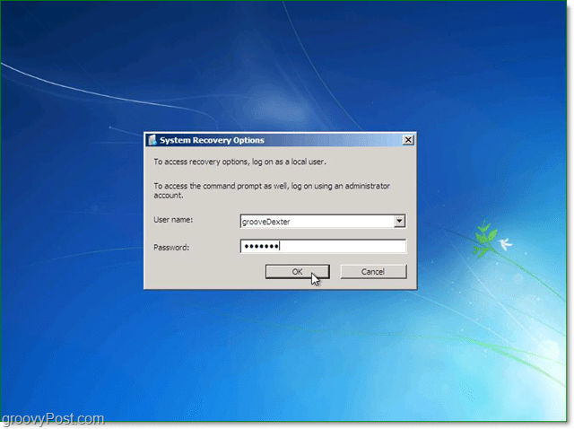 įveskite savo vartotojo vardą ir slaptažodį „Windows 7“ sistemos atkūrimui