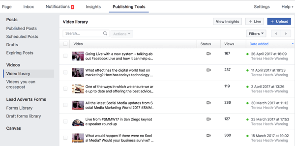 Visą „Facebook“ vaizdo įrašų biblioteką galite pasiekti skiltyje „Leidybos įrankiai“.
