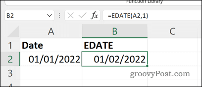 EDATE formulės rezultatas programoje „Excel“.