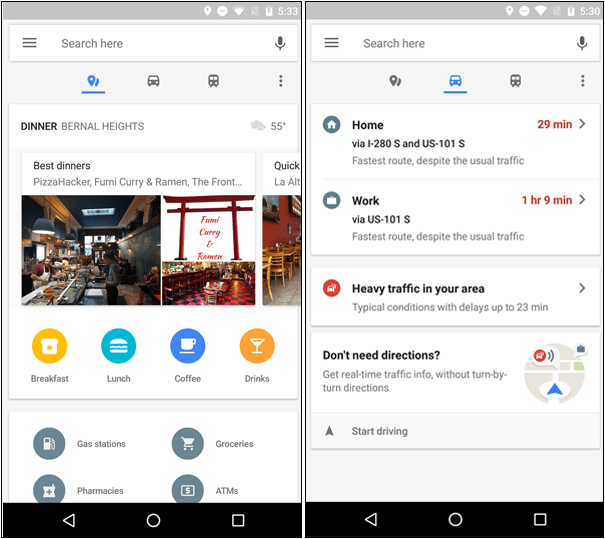 „Google“ žemėlapiai, skirti „Android“, gauti realiojo laiko informaciją apie kelionę į darbą ir atgal