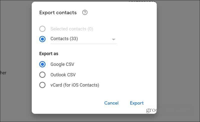 eksportuoti kontaktus