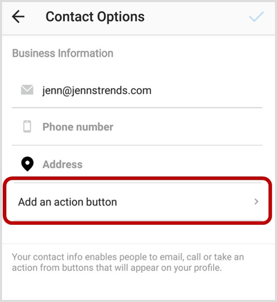 Pridėkite veiksmo mygtuko parinktį „Instagram“ kontaktų parinkčių ekrane