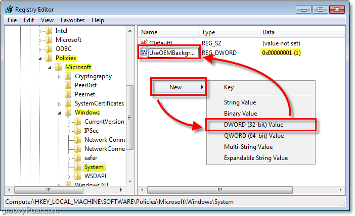 naršykite „Windows 7“ registro raktą HKEY_LOCAL_MACHINESOFTWAREPoliciesMicrosoftWindowsSystem