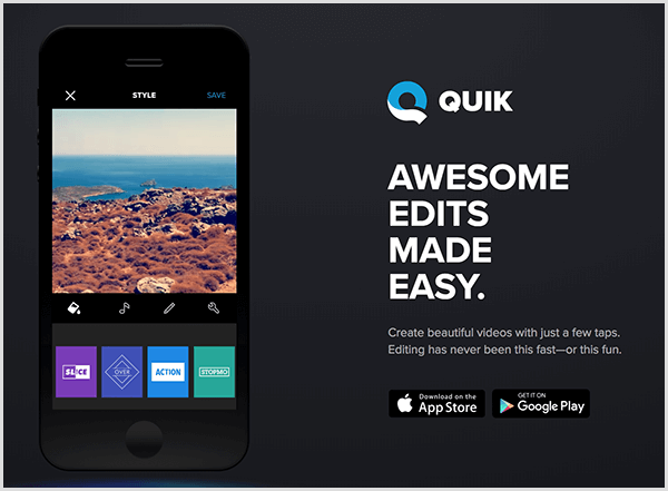 „Quick for mobile“ automatiškai sukuria vaizdo įrašus istorijoms.