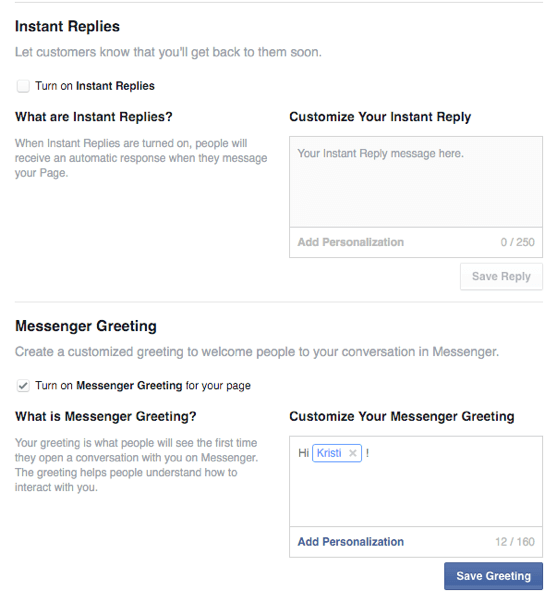 momentinių „Facebook“ atsakymų ir sveikinimų parinktys