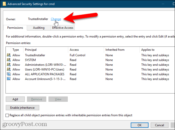 Spustelėkite „Windows registro“ rakto savininko nuorodą Keisti
