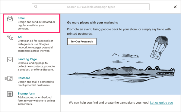 „Mailchimp“ pasirinkite kampanijos tipą El. Paštas.