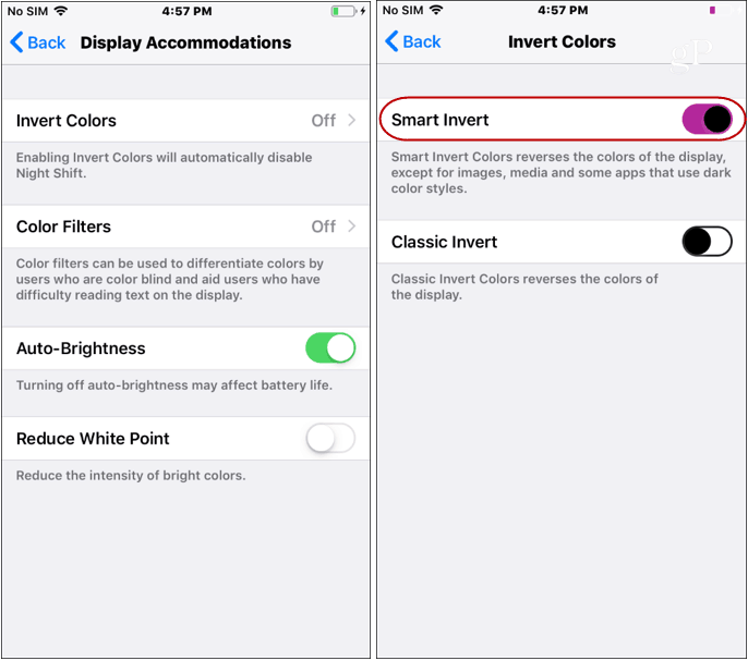 „iOS“ tamsaus režimo nustatymai apverčia spalvas
