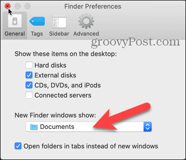 Spustelėkite „New Finder“ langų rodymo išskleidžiamąjį sąrašą, naudodami „Mac“ „Finder“ nuostatas