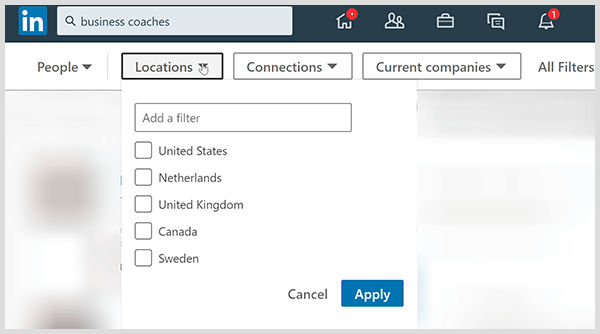 „LinkedIn“ paieškos rezultatų puslapyje yra vietovės ryšių ir įmonės filtrai.
