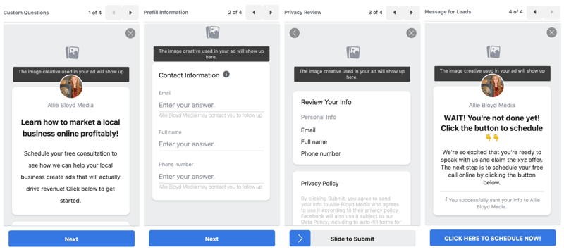 „Facebook“ potencialių klientų skelbimai sukuria naują potencialių klientų formos parinktį, kad galėtumėte peržiūrėti potencialių klientų formos nustatymus ir parinktis prieš paskelbdami
