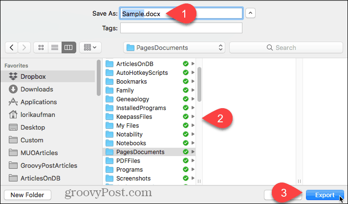 Pasirinkite eksportuojamo failo vietą ir spustelėkite Eksportuoti „Mac“ skirtuose puslapiuose