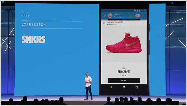 Molly Pittman teigia, kad „Facebook F8“ kūrėjų konferencijoje pristatomi būsimi pokalbių robotų naudojimo būdai. Konferencijos metu buvo peržiūrėta sportinių batelių apsipirkimo funkcija su papildyta realybe „Messenger“.